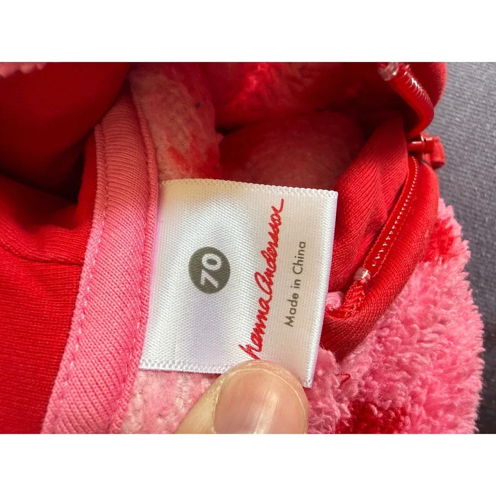 Hanna Andersson pink fleece red‎ heart one piece hooded jumpsuit infant