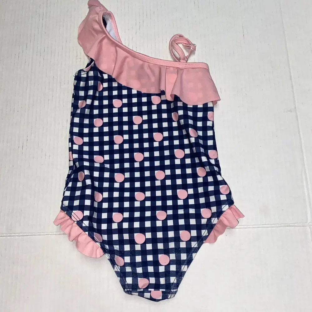 Andy & Evan Blue White Plaid Pink Ruffled One Piece Swim Bathing Suit Size 4T