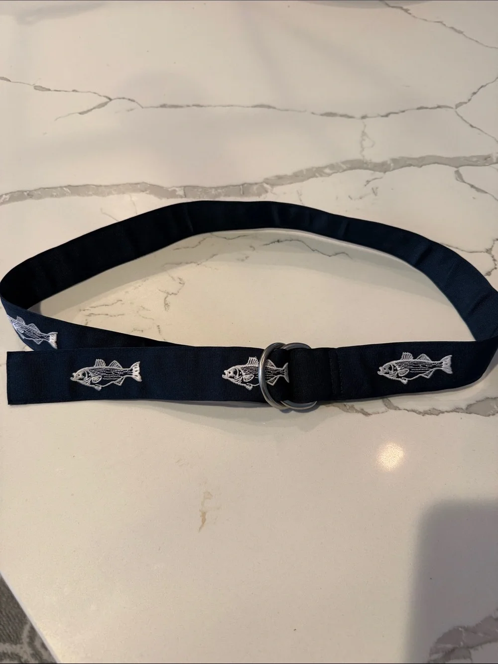 Vineyard Vines Navy Fish Embroidered Web Belt with D-Ring