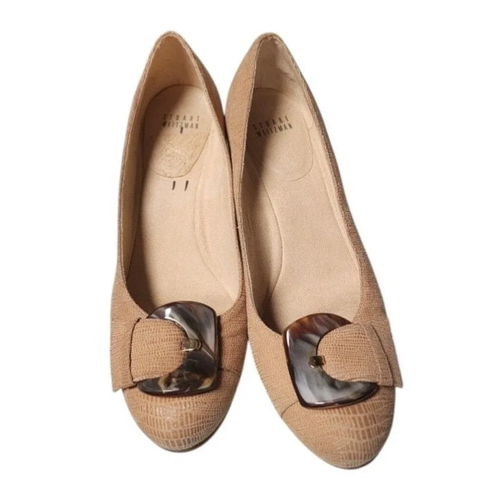 Stuart Weitzman 'Bucalina' Wedge Pumps Size 9.5 Lizard-Embossed Leather Beige