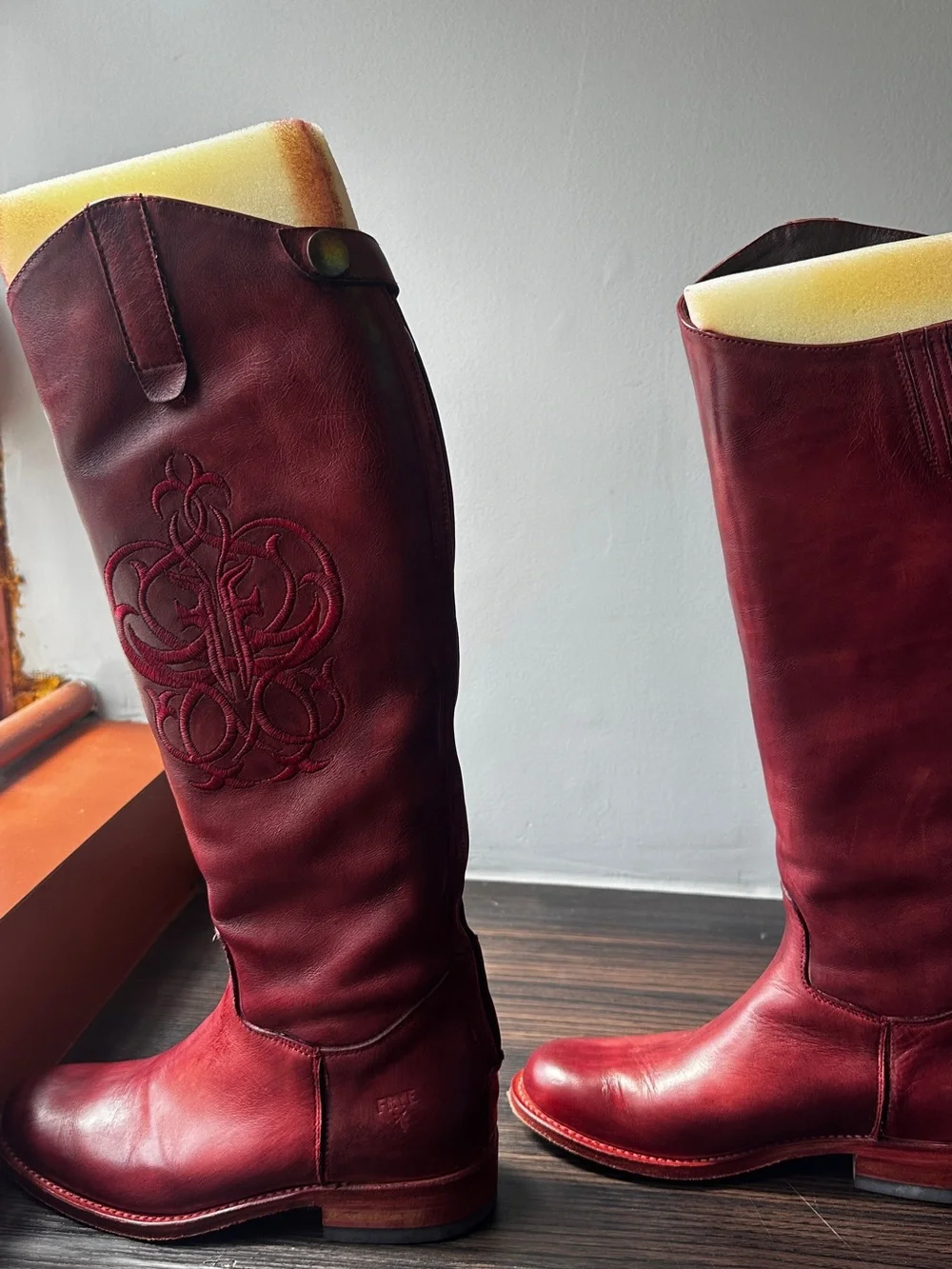 Frye Knee-High Leather Riding Boots in Deep Red