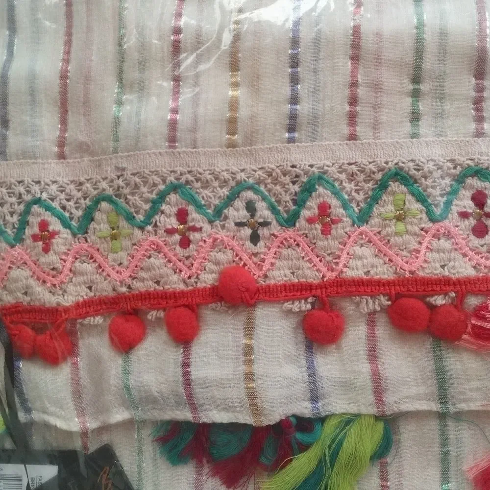 Boho Bright Stripe Tassels Scarf Wrap Bohemian Hippie Gypsy Pompom Pashmina