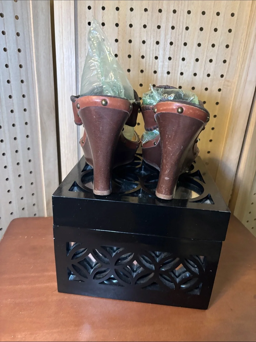 Jack Rogers Brown Leather & wood Navajo Floral Wedge Sandals