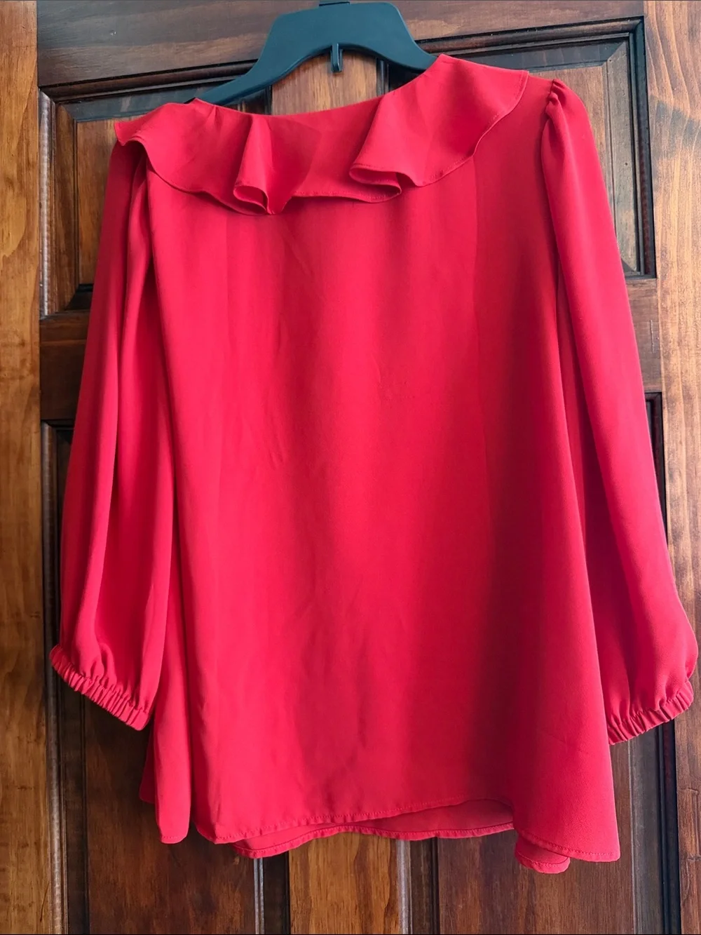 LOFT Red Ruffle V-Neck Long Sleeve Blouse