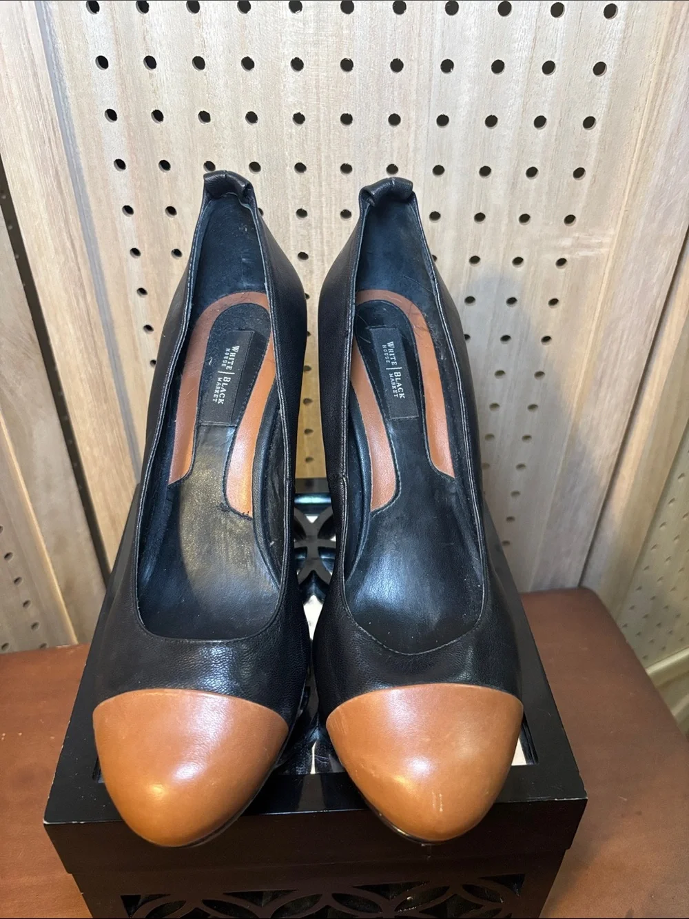 White House Black Market Black and Brown Leather wood heel Wedge Pumps