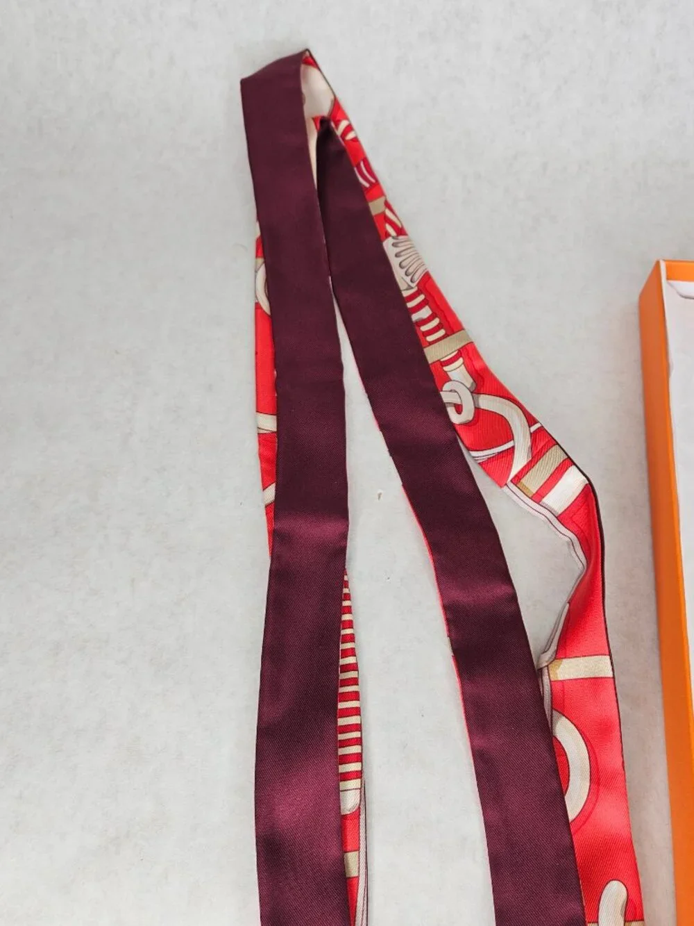 Authentic Hermes Red White Twilly Thin Silk Scarf with Box
