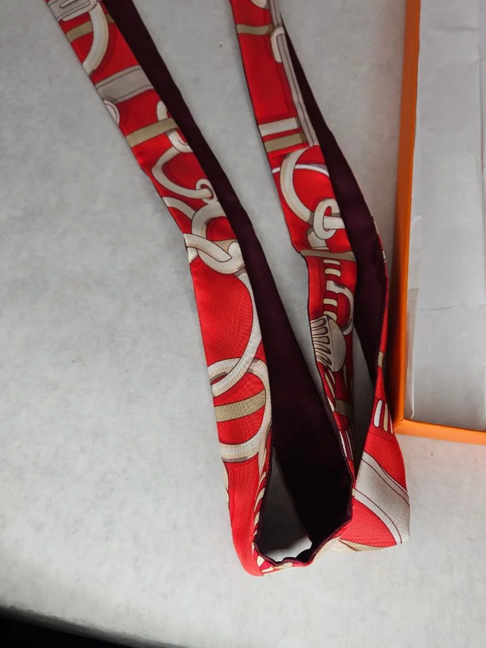Authentic Hermes Red White Twilly Thin Silk Scarf with Box