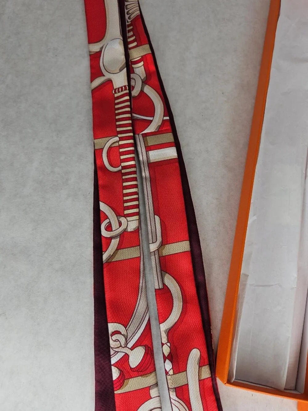 Authentic Hermes Red White Twilly Thin Silk Scarf with Box