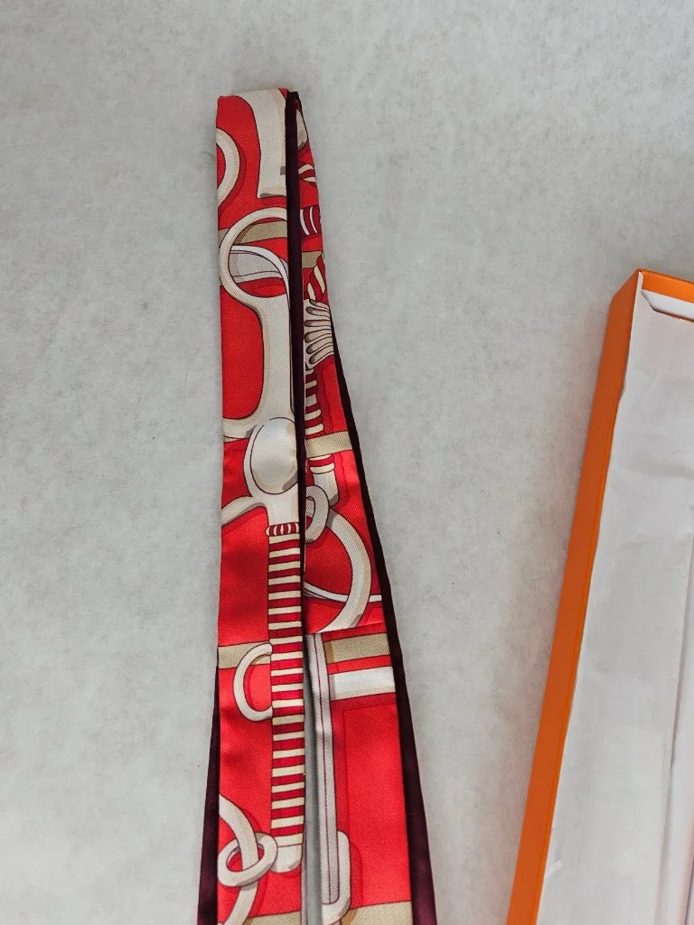 Authentic Hermes Red White Twilly Thin Silk Scarf with Box
