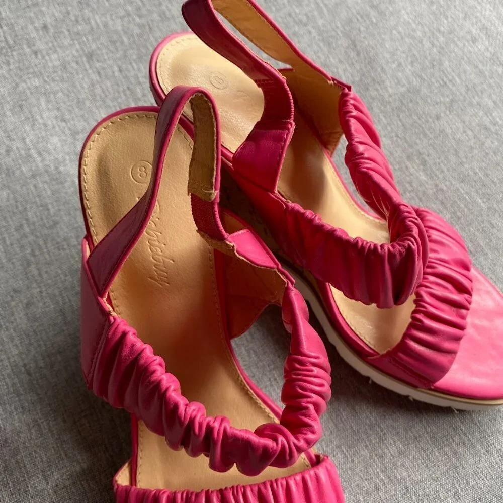 Open Toe Platform Wedge Sandals Elastic Ankle Strap Slip on Slingback Size 7.5
