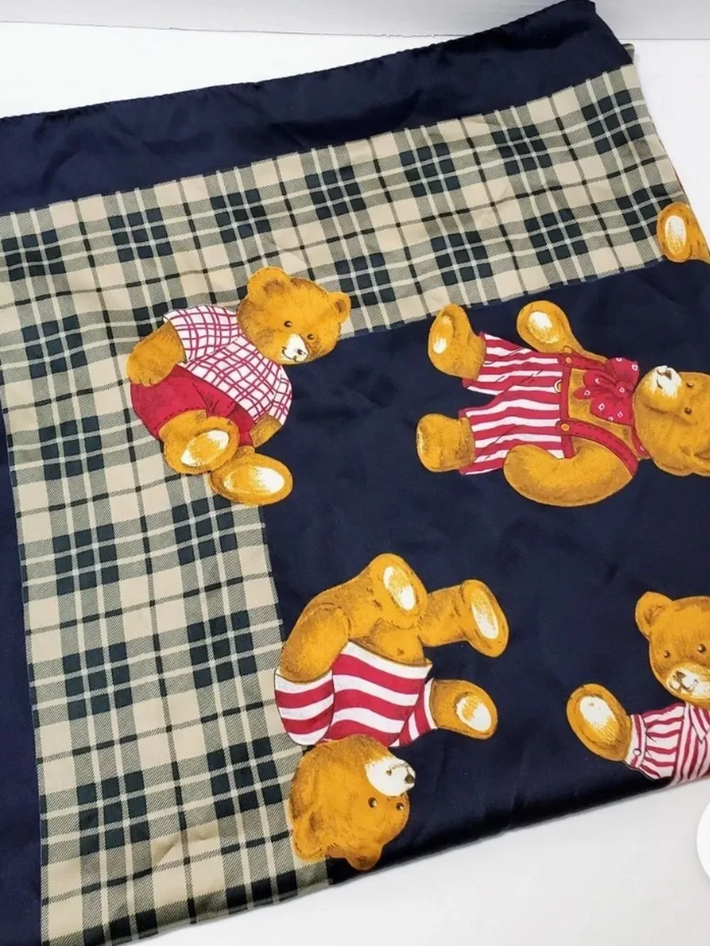 Vintage  Teddy Bear Print Plaid Scarf - Navy & Gold