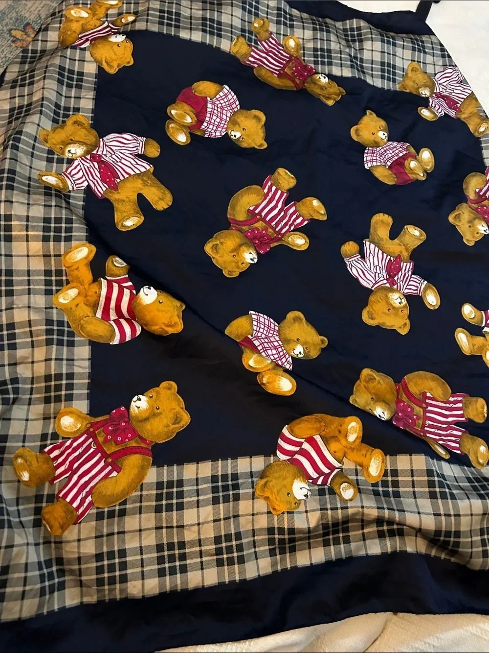 Vintage  Teddy Bear Print Plaid Scarf - Navy & Gold
