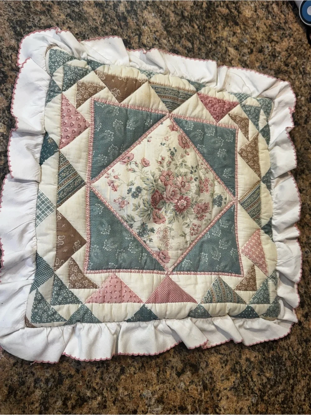 90’s Floral Patch Homemade Quilted pillow sham  Cottagecore 12x12 Ruffles