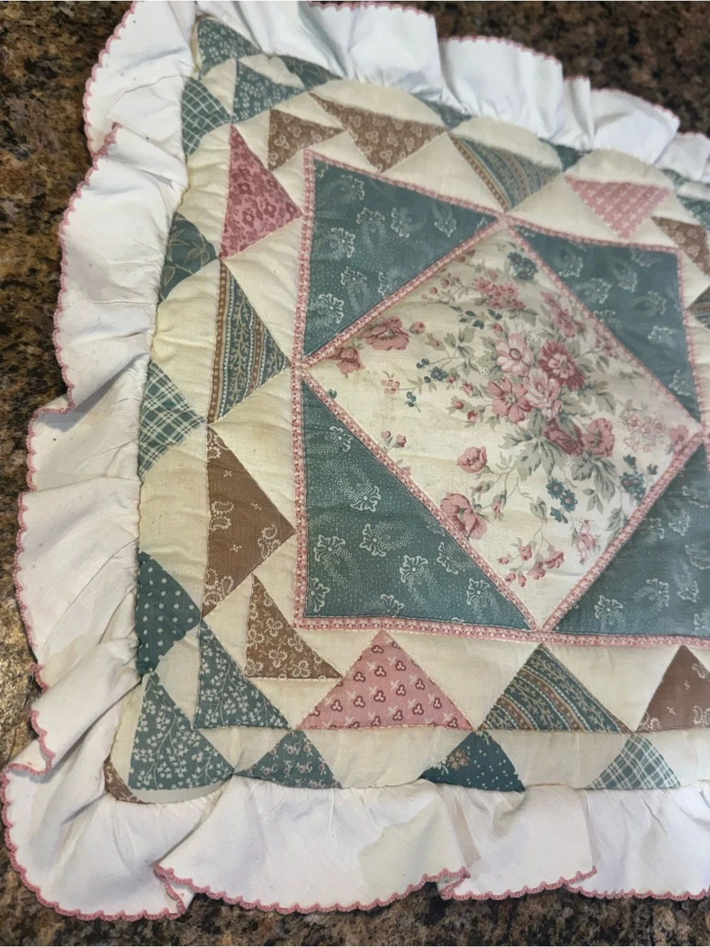 90’s Floral Patch Homemade Quilted pillow sham  Cottagecore 12x12 Ruffles