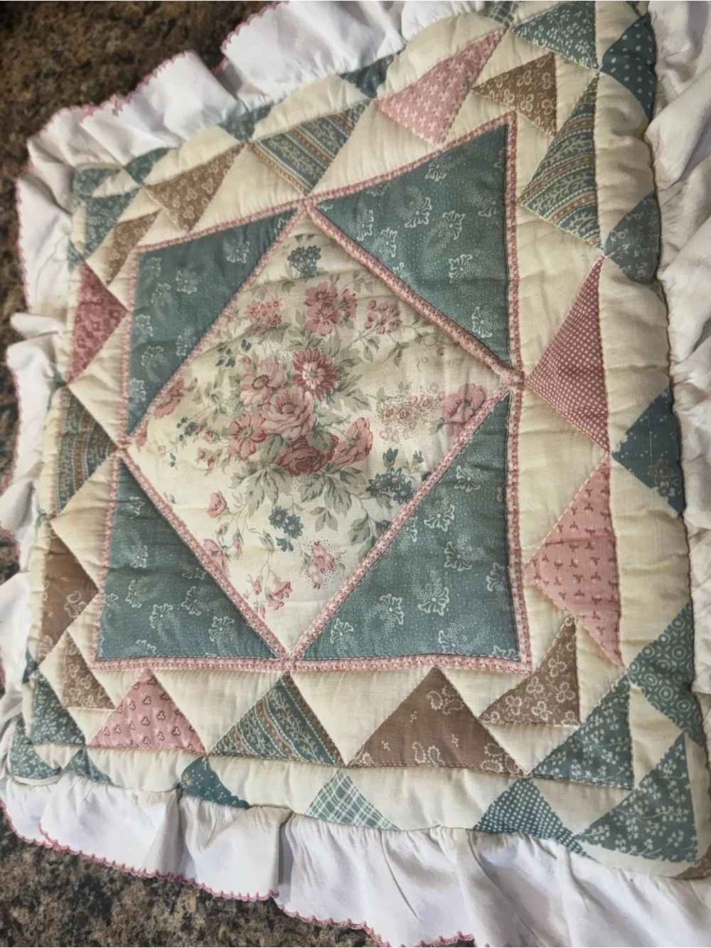 90’s Floral Patch Homemade Quilted pillow sham  Cottagecore 12x12 Ruffles