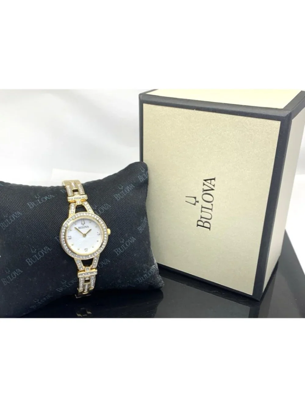 Bulova Women's Watch 98L325 Mother of Pearl Dial Gemmed Gold Steel 25mm