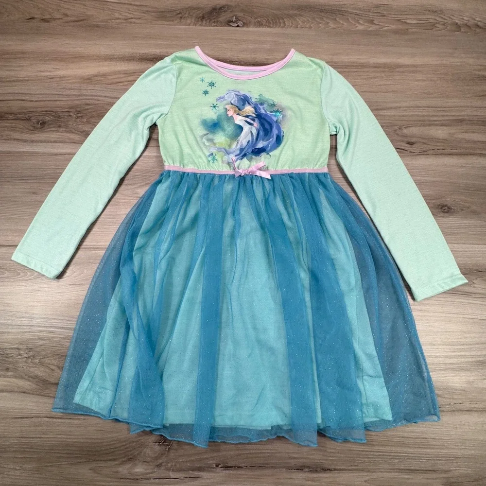 Disney Elsa Frozen Princess Long Sleeve Dress Girls Size 7/8 Blue‎ Sparkle Tulle