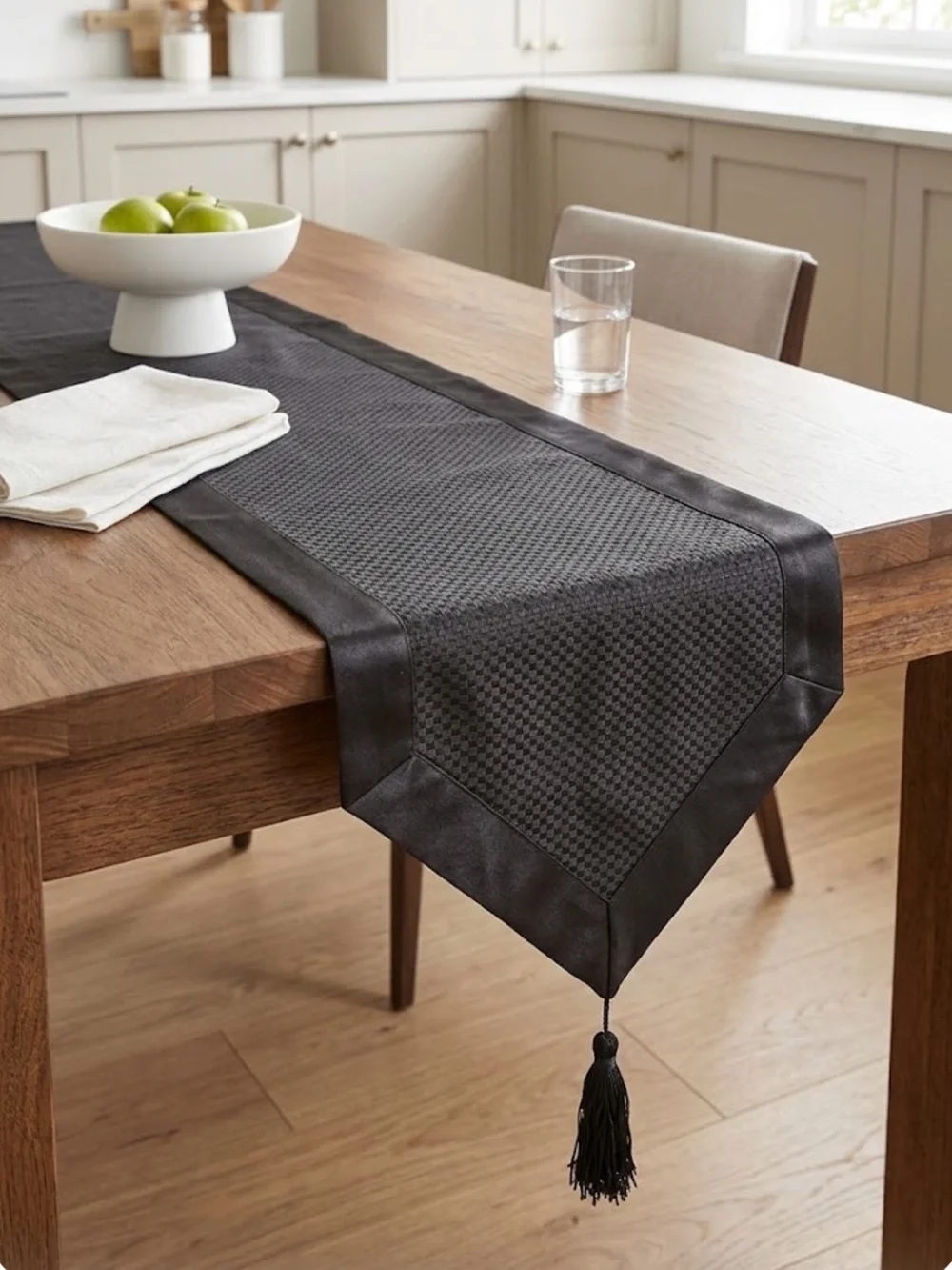 Long Black Textured Table Runner with Tassel