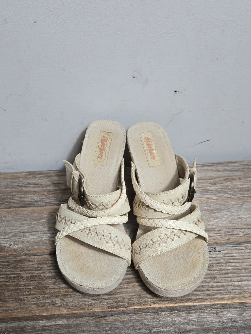 Skechers Y2K Vintage Cream Beige Cork Wedge Sandals