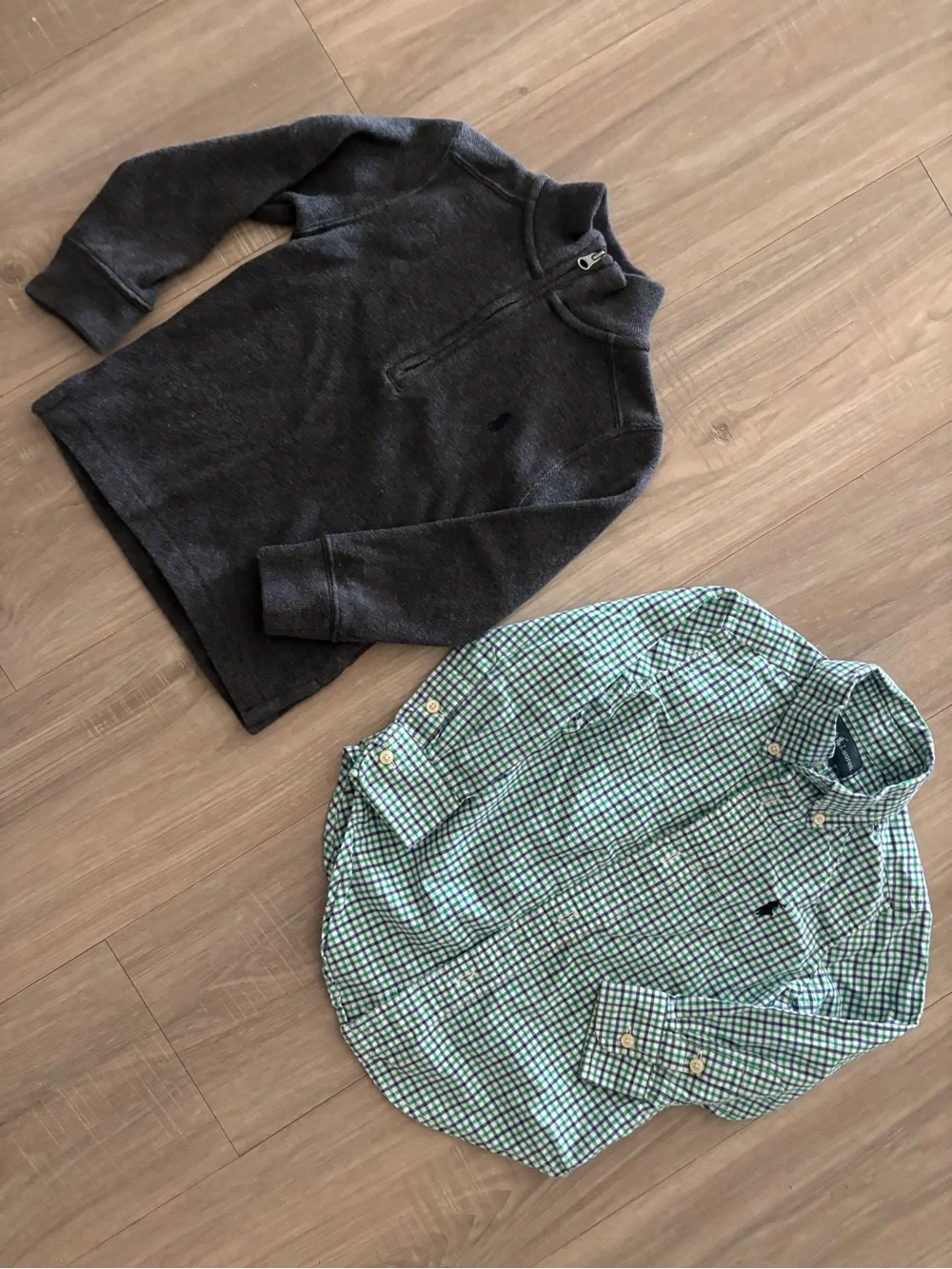 Ralph Lauren Boys Green Plaid Button-Down Shirt and Quater Zip Bundle 2T euc