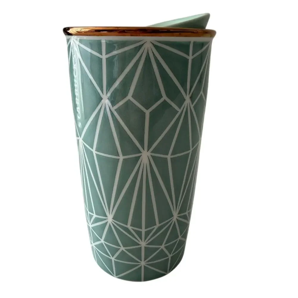 STARBUCKS 2017 Ceramic Green Diamond Geometric Travel Mug Tumbler 12 Ounces LN