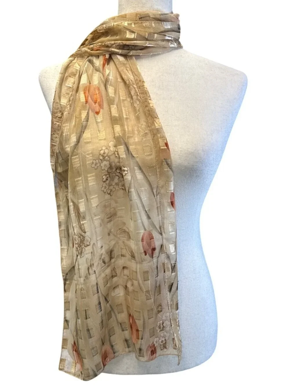 Floral Sheer Chiffon Scarf with Gold Metallic Grid Pattern L2 28