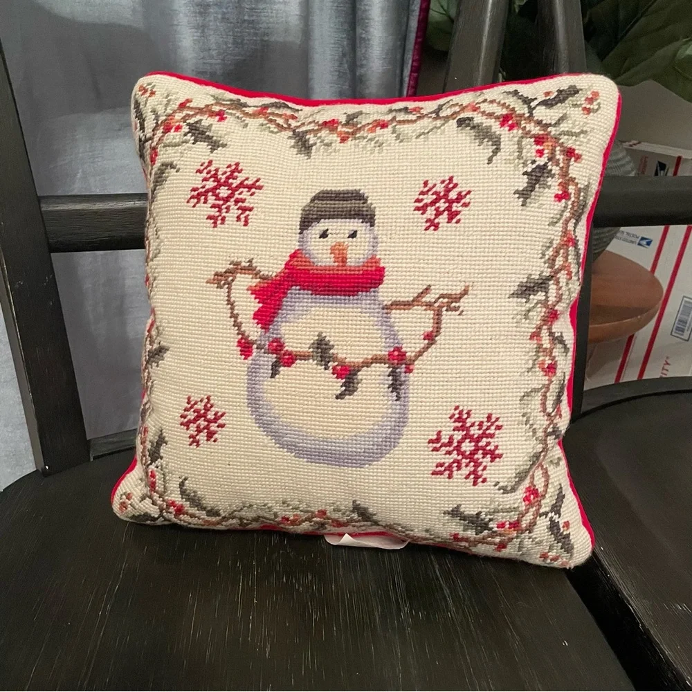 100% Wool Handmade Needle Point  snowman Pillow Christmas 13x13”