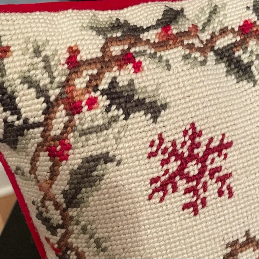 100% Wool Handmade Needle Point  snowman Pillow Christmas 13x13”