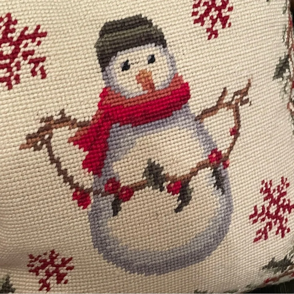 100% Wool Handmade Needle Point  snowman Pillow Christmas 13x13”