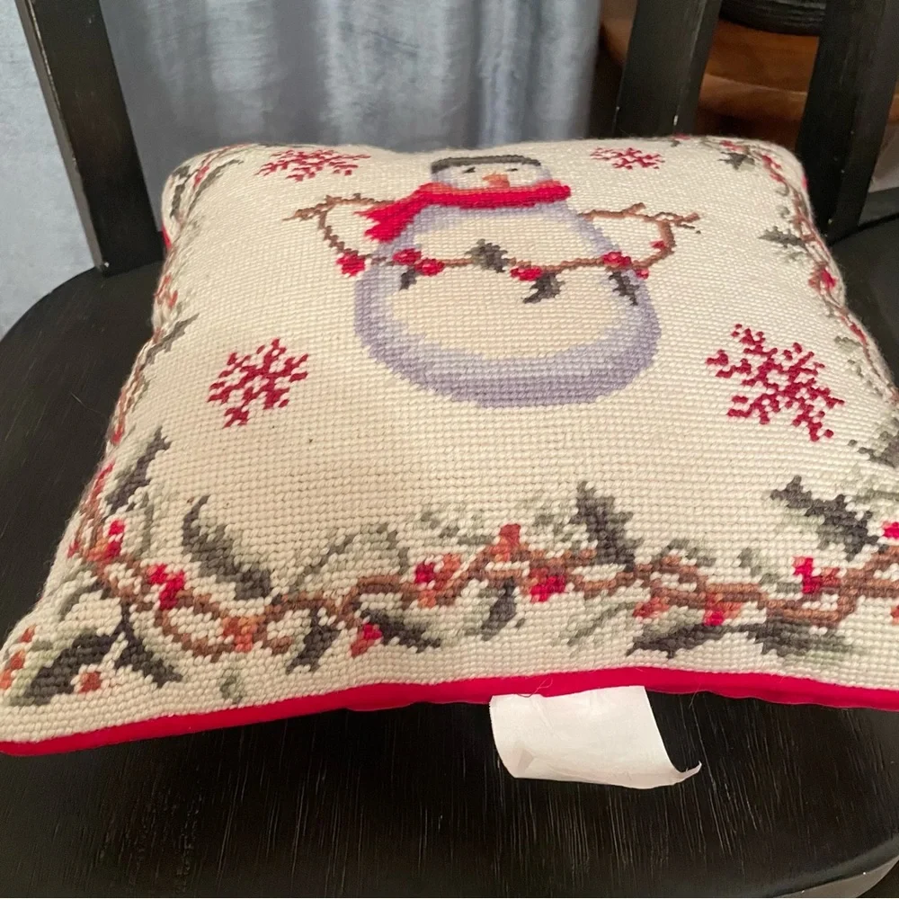 100% Wool Handmade Needle Point  snowman Pillow Christmas 13x13”