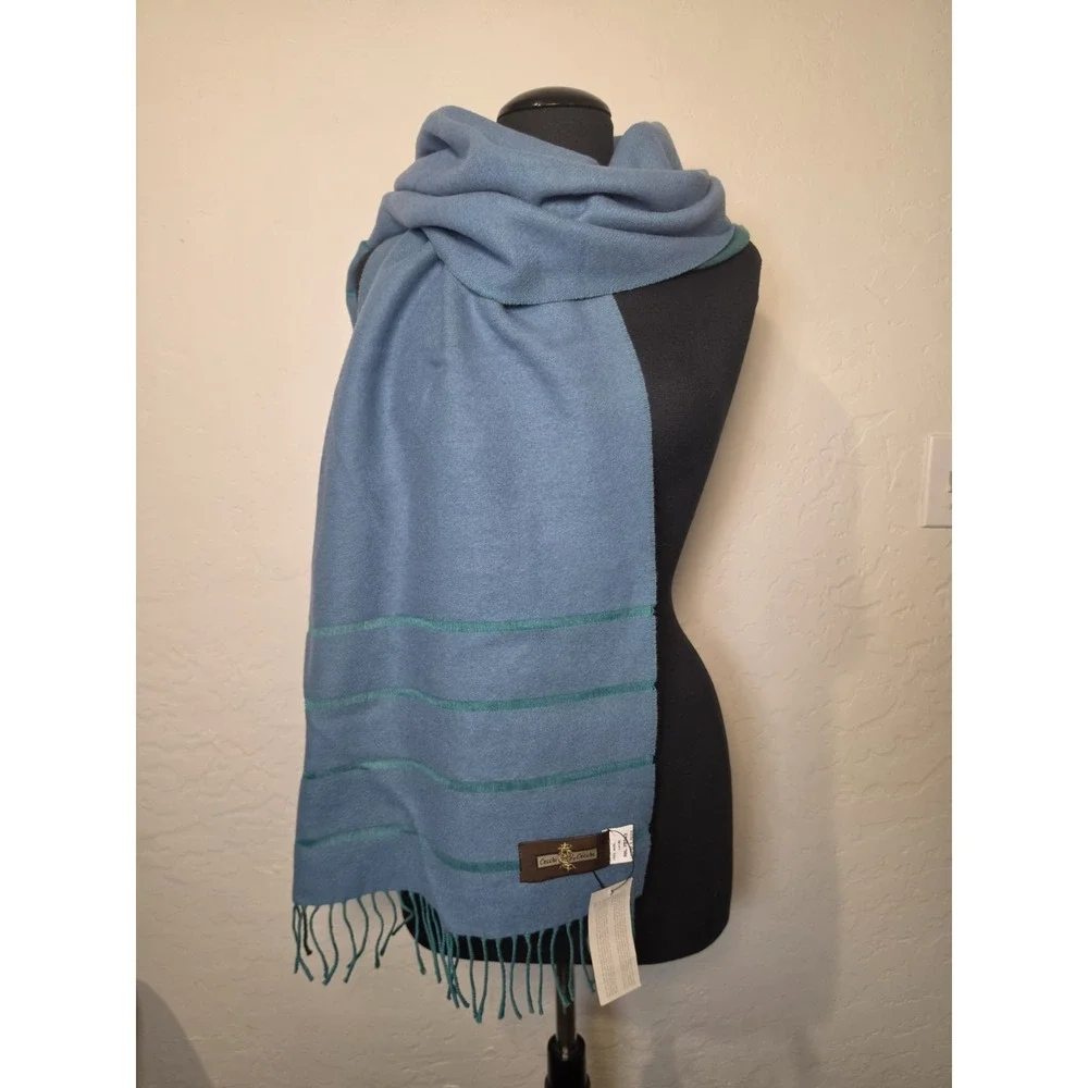 Cecchi e Cecchi Italy blue green Scarf  striped  Eyelash Fringe Wrap 100% wool