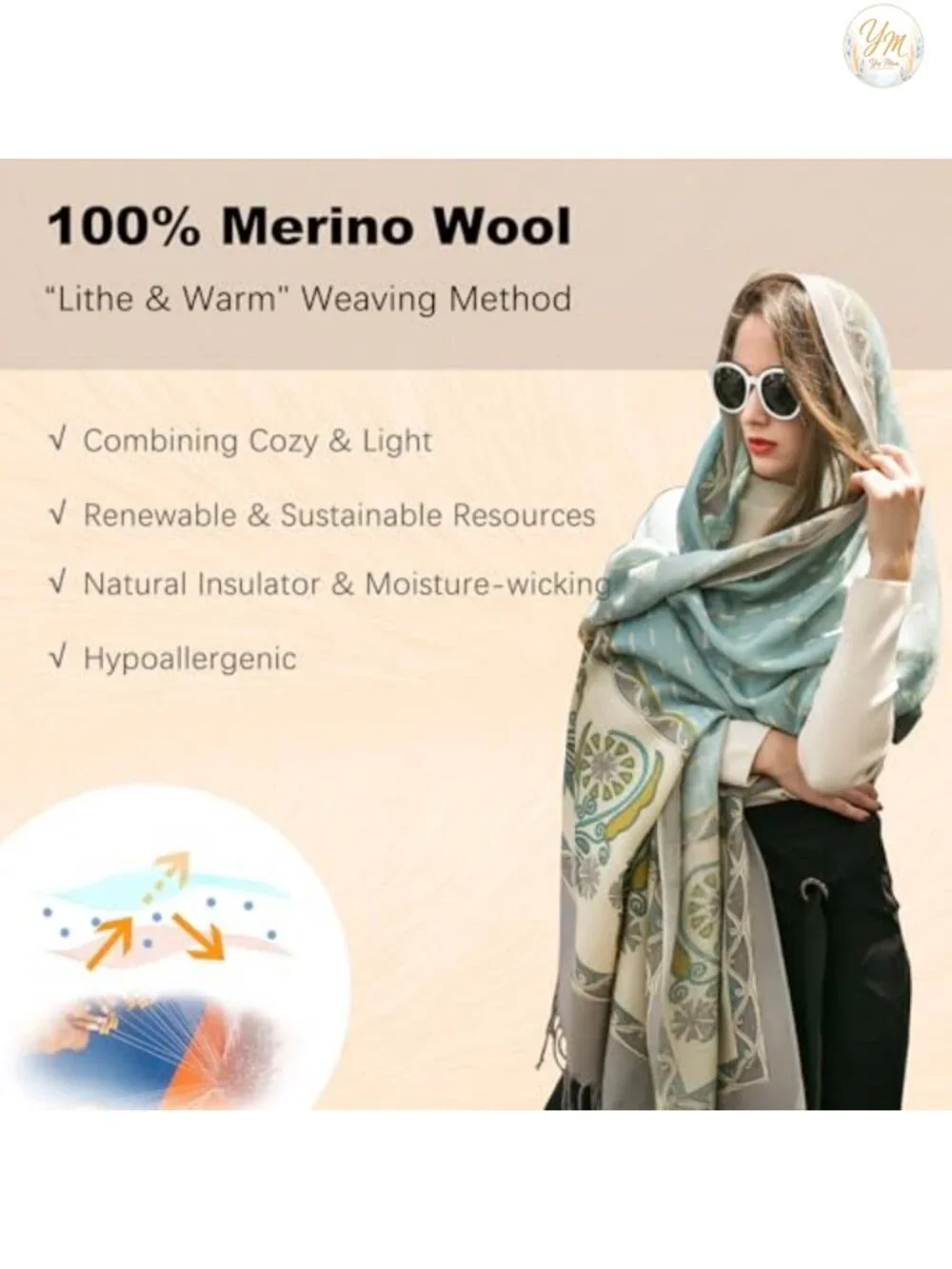 100% Merino Wool Extra Large Pashmina Shawl Wraps