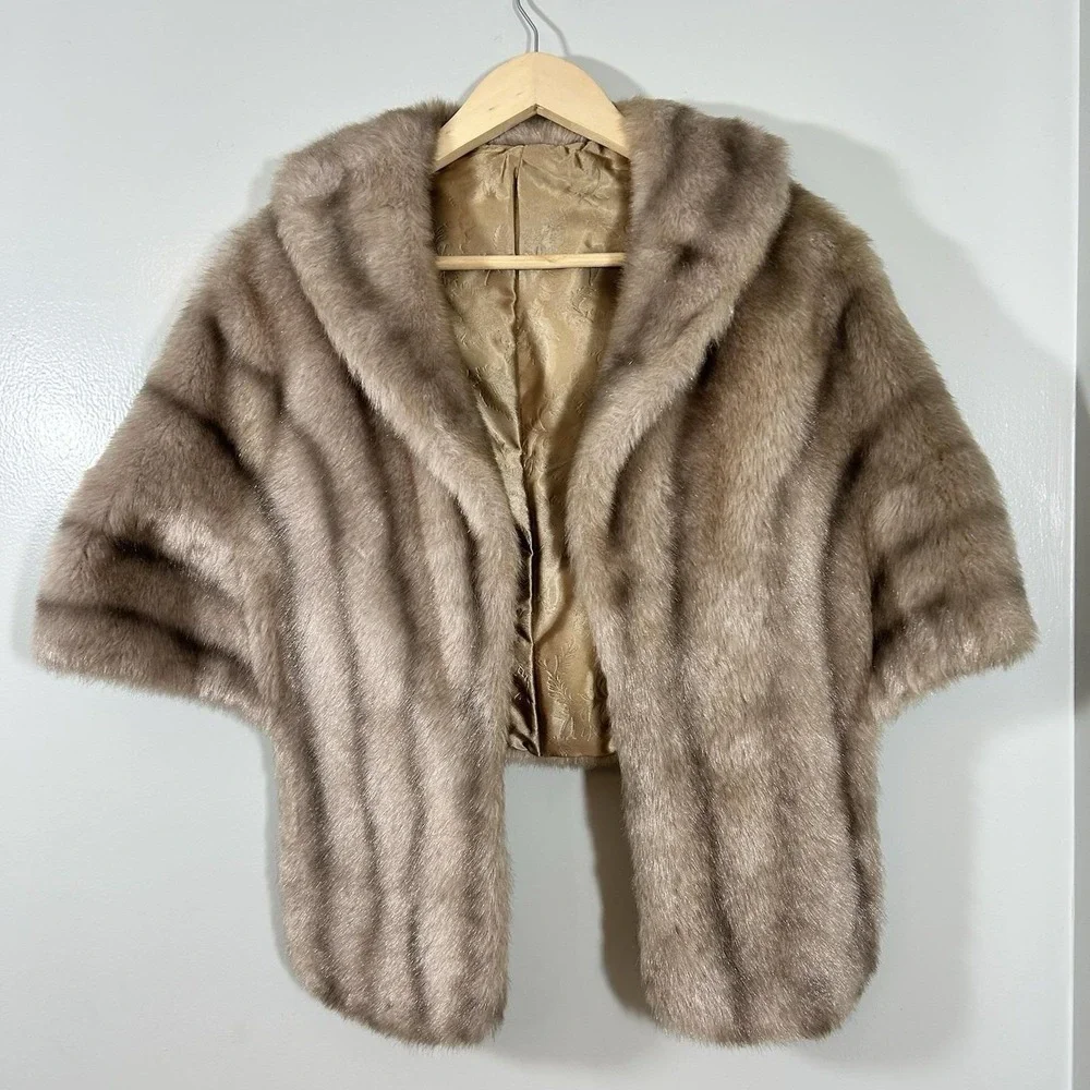 Vintage Regina Glenara by Glenoit Faux Fur Wrap Stole Taupe Brown Floral Lining