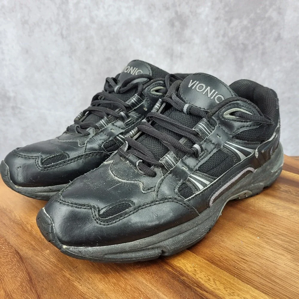 Vionic Walker Sneakers Women 8 Black Leather Running Walking Comfort Ortho Shoes