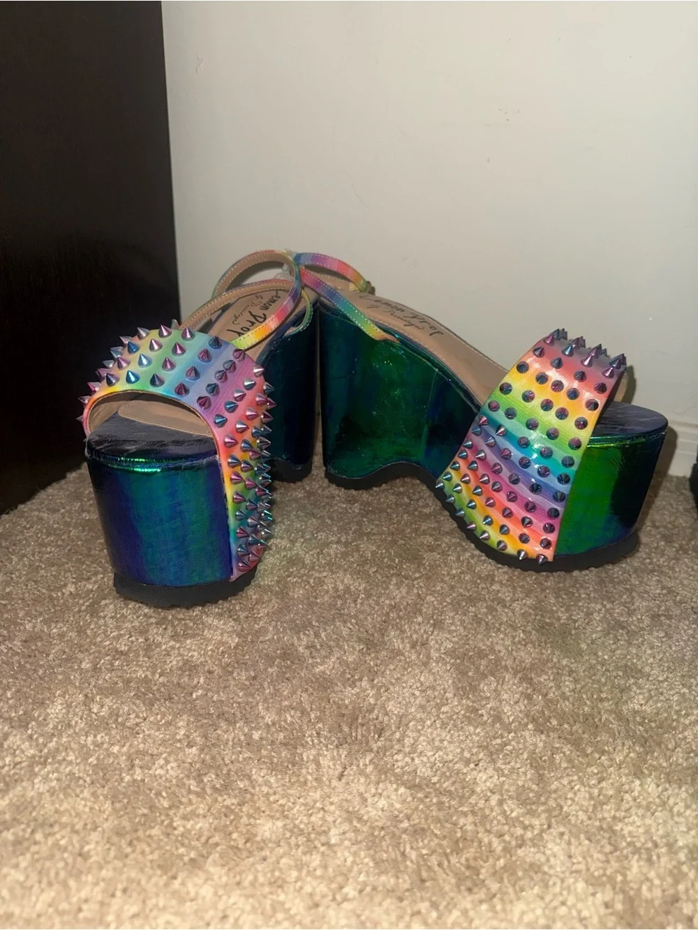 Dolls Kill Privileged Rainbow Studded Green Iridescent Platform Sandals