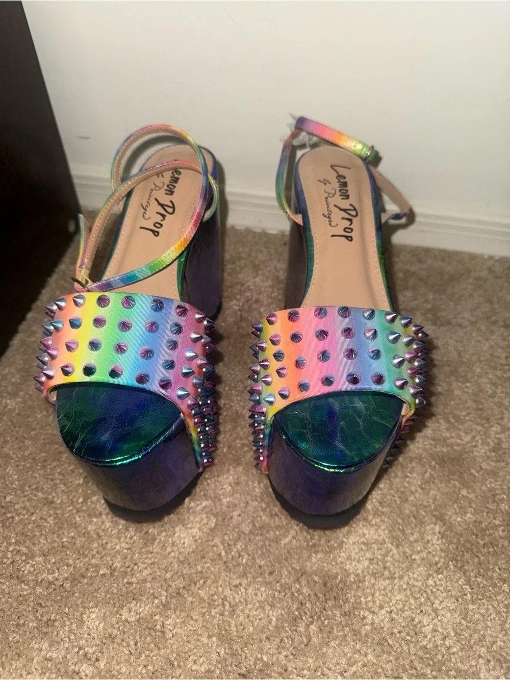 Dolls Kill Privileged Rainbow Studded Green Iridescent Platform Sandals
