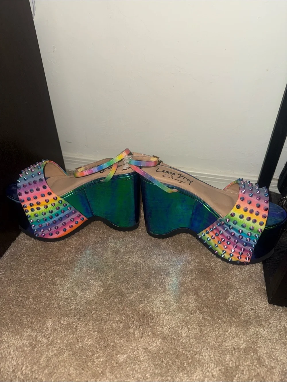 Dolls Kill Privileged Rainbow Studded Green Iridescent Platform Sandals