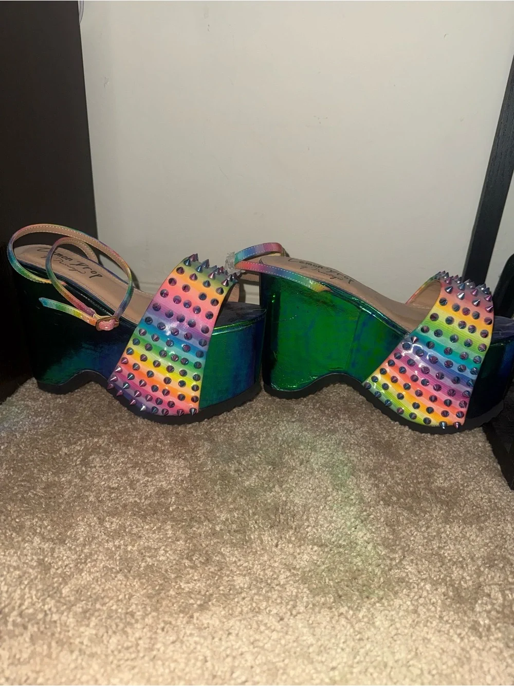 Dolls Kill Privileged Rainbow Studded Green Iridescent Platform Sandals