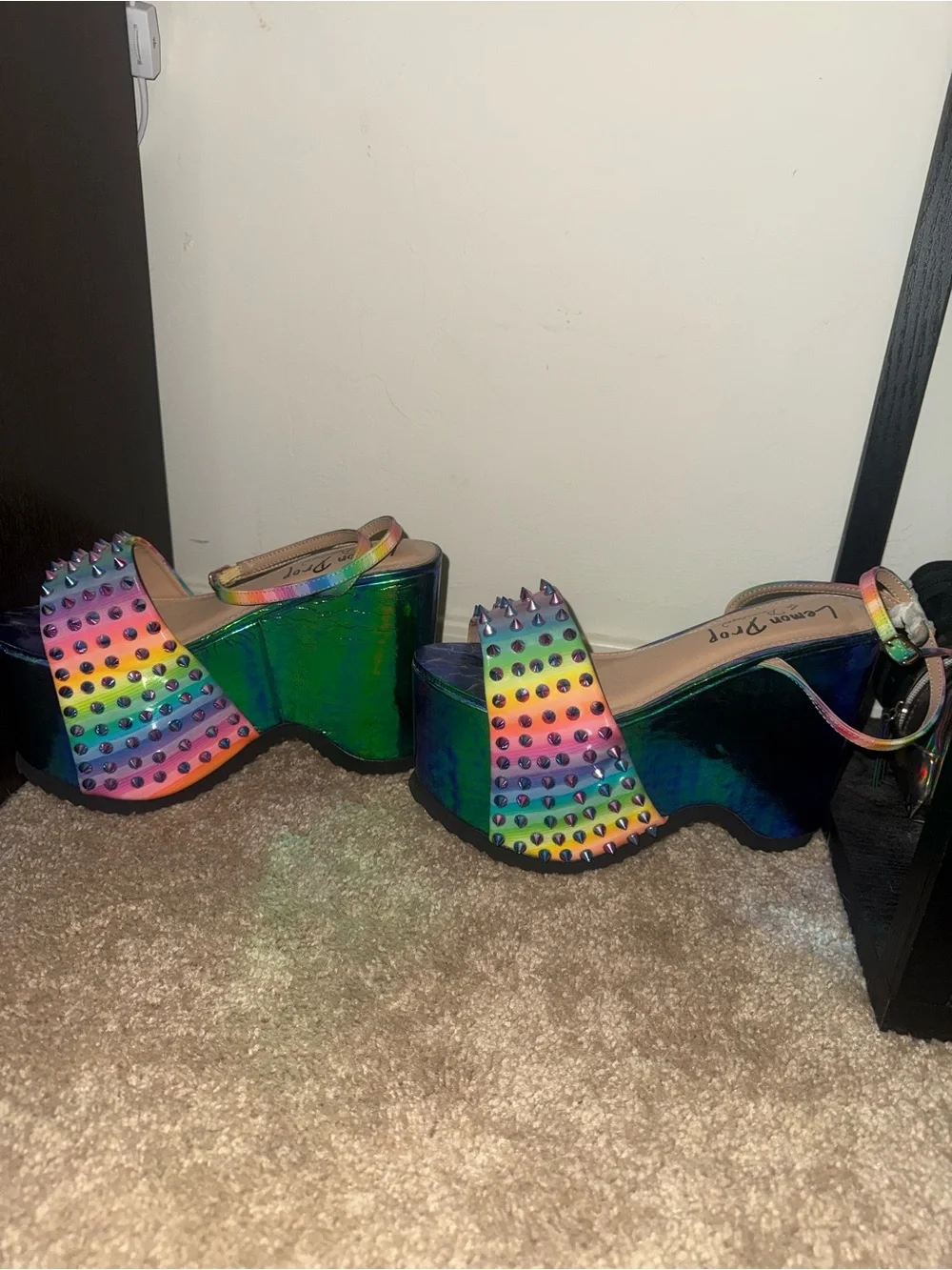 Dolls Kill Privileged Rainbow Studded Green Iridescent Platform Sandals
