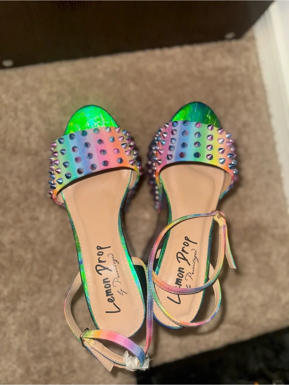 Dolls Kill Privileged Rainbow Studded Green Iridescent Platform Sandals