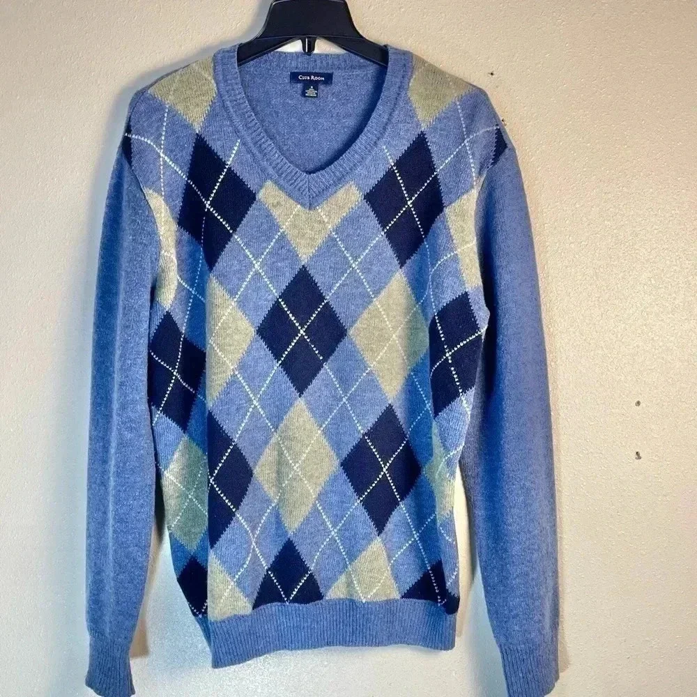 Club Room Mens Small Sweater V-Neck Diamond Argyle Print 100% Lambswool Blue