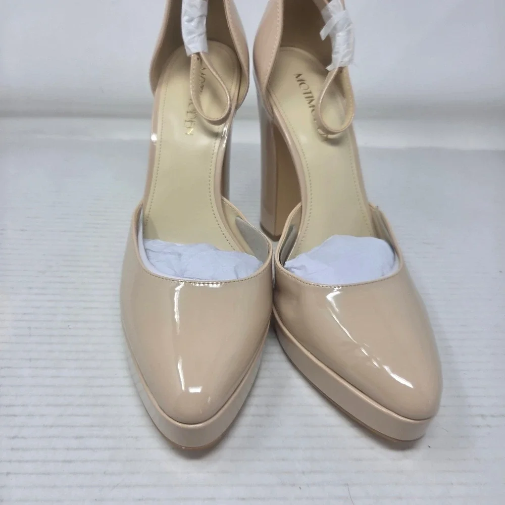 Motimoden Platform Pumps Women 11 Beige Patent Pointed Toe Ankle Strap MOT NWOT