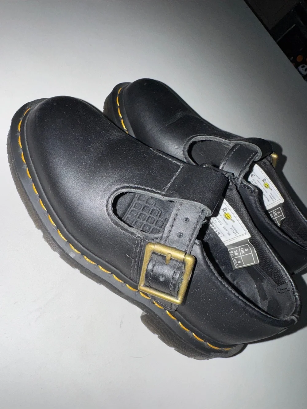 Dr. Martens Black Leather T-Bar Shoes with Yellow Stitching