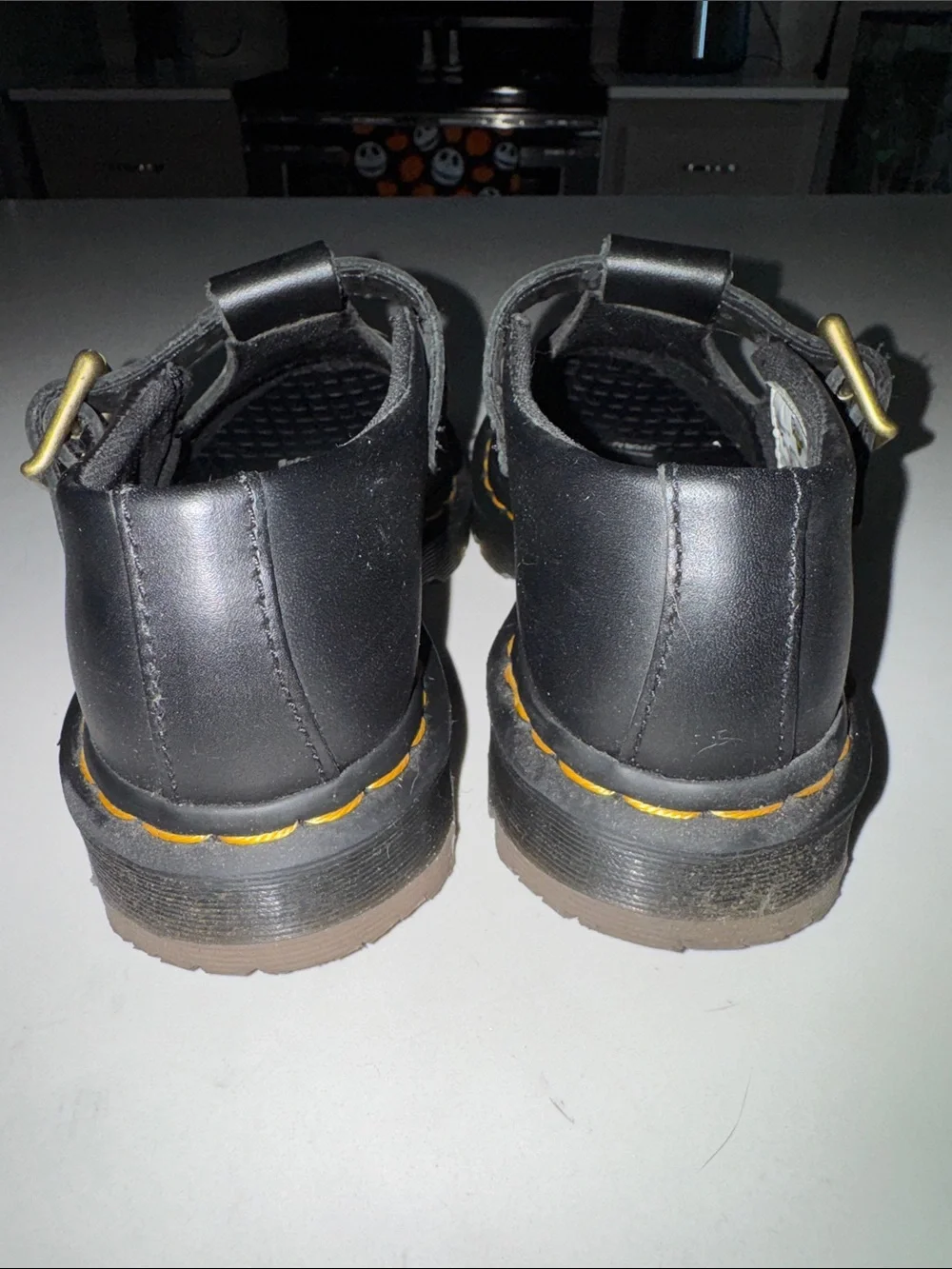 Dr. Martens Black Leather T-Bar Shoes with Yellow Stitching
