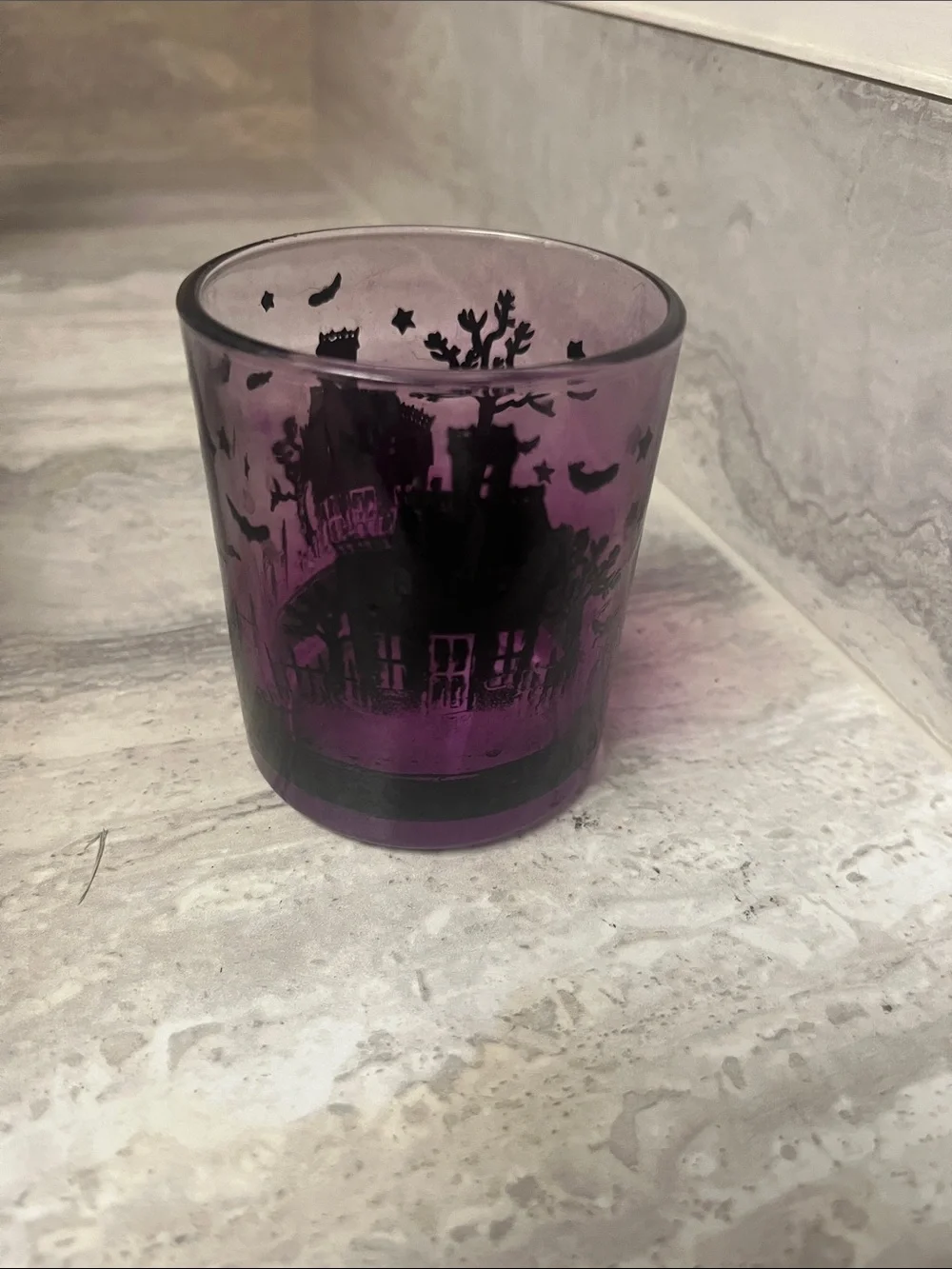 Halloween Haunted House Purple Glass Votive Candle Holder