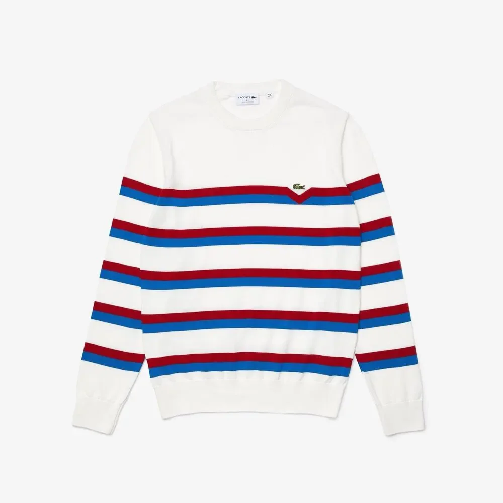 Lacoste AH6788 Made in France Striped Organic Cotton Sweater M White Red Blue