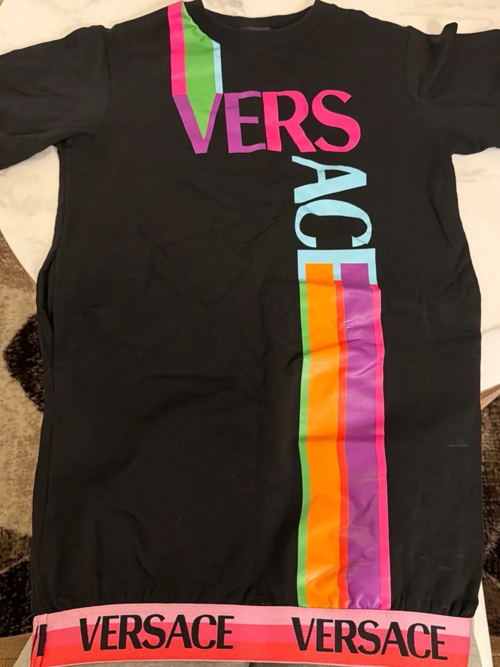 Versace Girl Size 10 Black Dress with Neon Stripe Logo