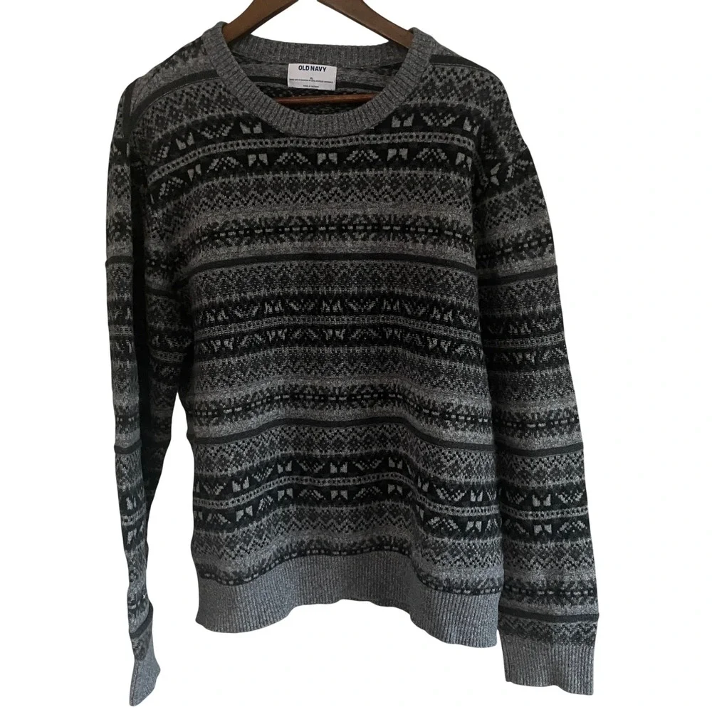 Old Navy Mens Grey Fair Isle Crew Sweater XL Nordic Winter Knit Preppy Classic