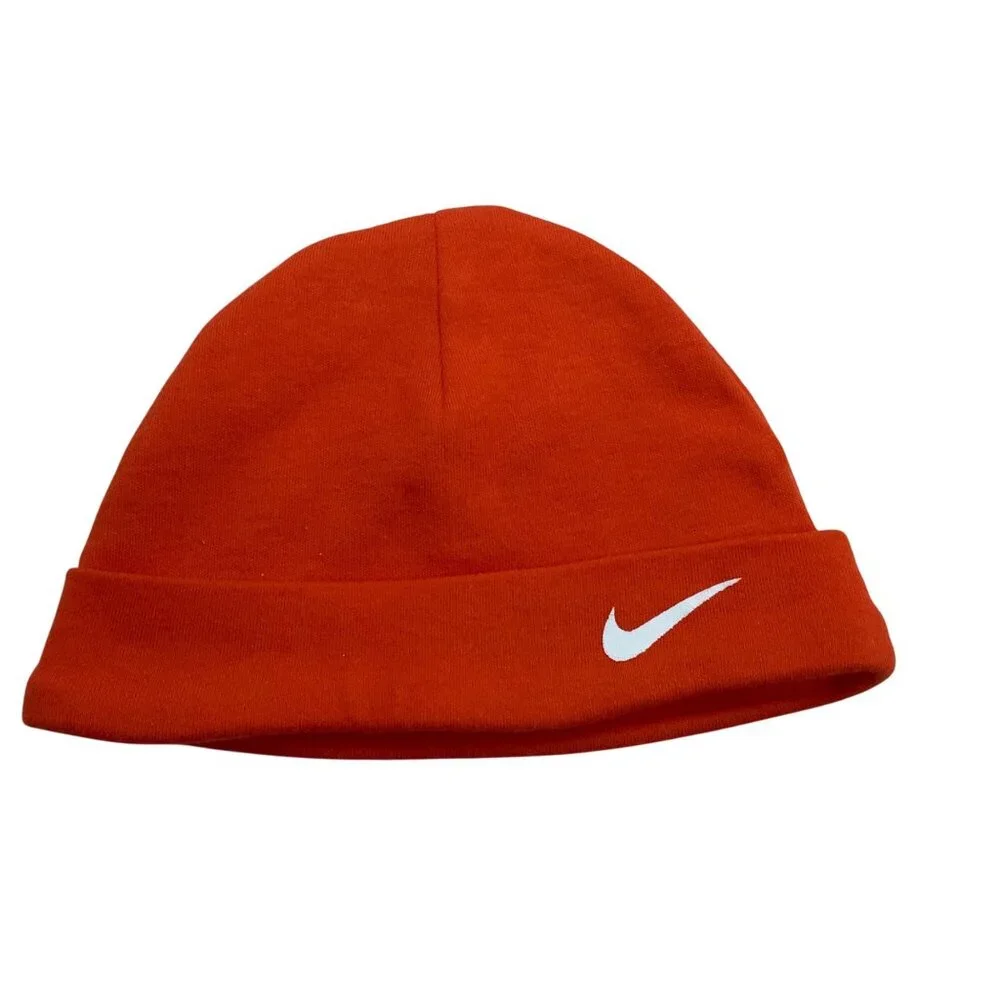 Nike‎ Baby Orange Beanie Hat 0-9M 100% Cotton With White Swoosh Logo