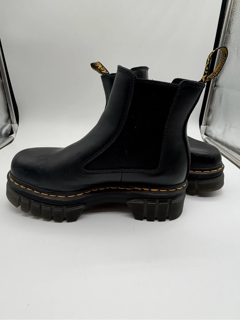 Dr. Martens Black Leather Platform Chelsea Boots with Yellow Stitch Sz 7 US